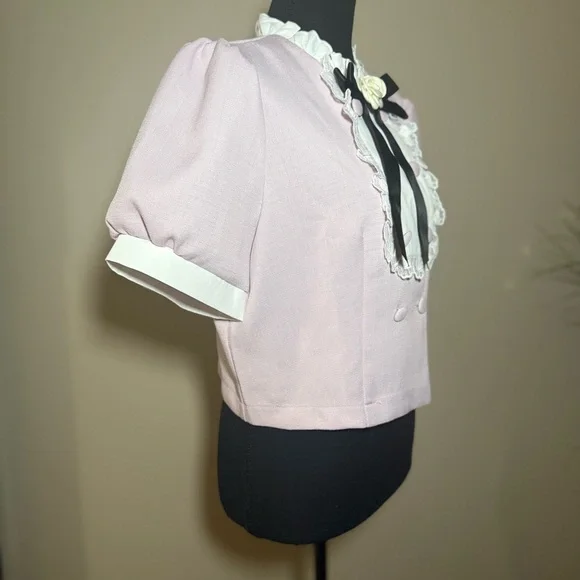Vintage Coquette Cropped Blouse Dusty Rose Puff Sleeve - Picture 3 of 7